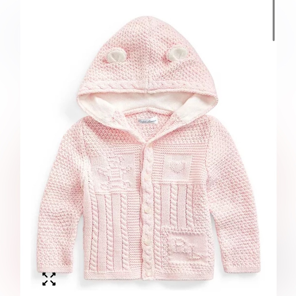 Ralph Lauren Pink Cable Knit Baby Cardigan with ears on hood